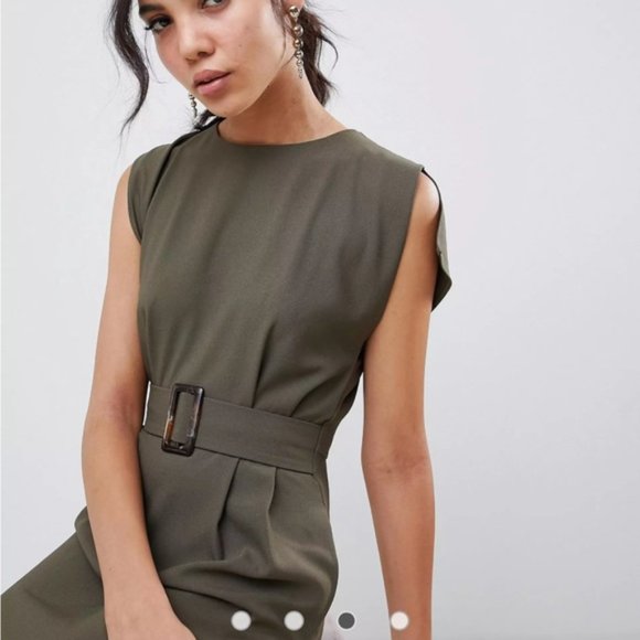 ASOS split cap sleeve midi pencil dress with buckle - Picture 4 of 11